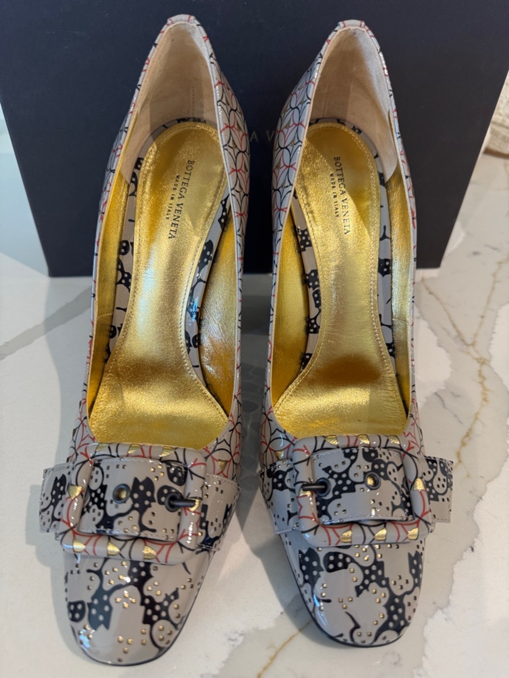 Bottega Veneta Multicolor Patterned Block Heel Pump with Gold Interior EUR 40.5